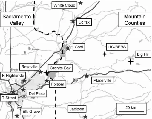 Fig. 1. The location of the monitoring sites in the Sacramento Valley and Mountain Counties (separated by the dashed line) used in this analysis