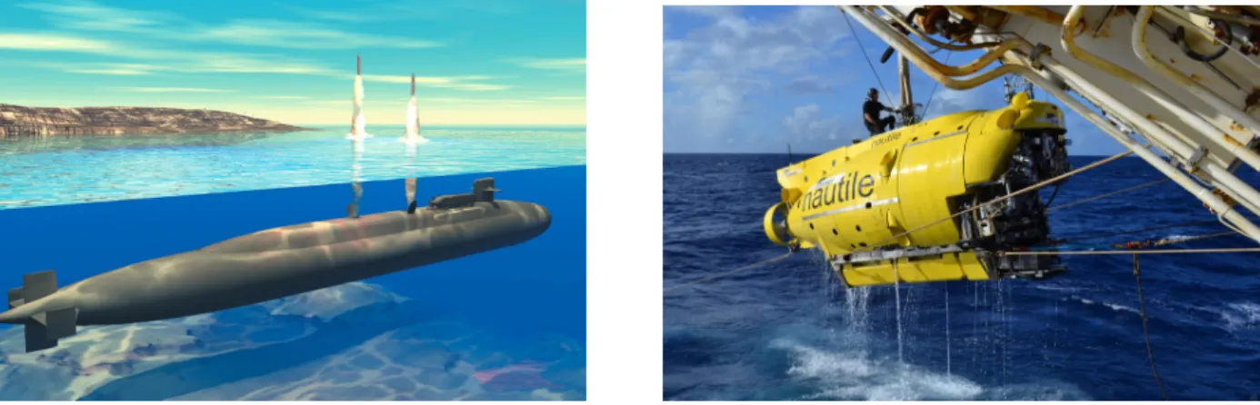 Figure 1.2 – Gauche : Vue d’artiste d’un sous-marin de classe Ohio (américain) en train de lancer des missiles Tomahawk