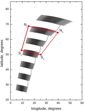 Fig. 1. The geographical position of the MERIS (red quadrangle) and SCIAMACHY (black lines) ground scenes analysed for the orbit 02223 (3 August 2002).