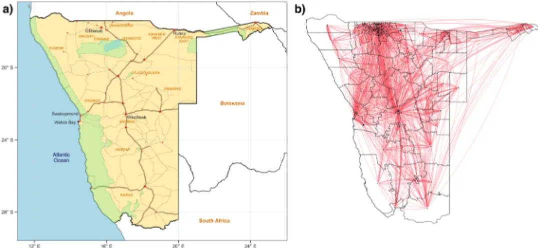 Fig. 1 Geography of Namibia and mobility network. a Map of Namibia. Red dots indicate main cities and towns