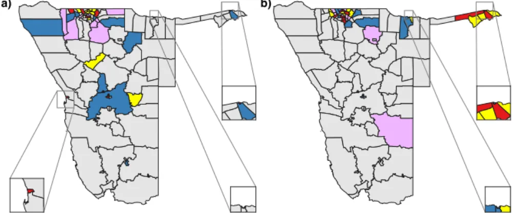 Figure 5b shows the geographic location of all in-ﬂow risk hubs in Namibia. The red data show the top 10% of constituencies in terms of imported risk, i.e., the most important in-ﬂow risk hubs.