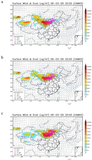 Fig. 3. Surface snap SDS concentrations and wind field at 20 h on 9 March at a forecast length of (a) 60 (b) 36 and (c) 12 h from the initial forecast time of 8 h on 7, 8 and 9 March, respectively (Beijing standard time used used).