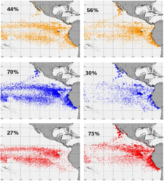 Figure 4.16: Tuna presence (left) and absence (right) in the single catch sets during the 2007-2008 period in the EPO.
