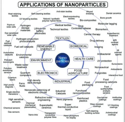 Figure 3: Exemples d’utilisation des nanoparticules dans des domaines divers (Tsuzuki, 2009)