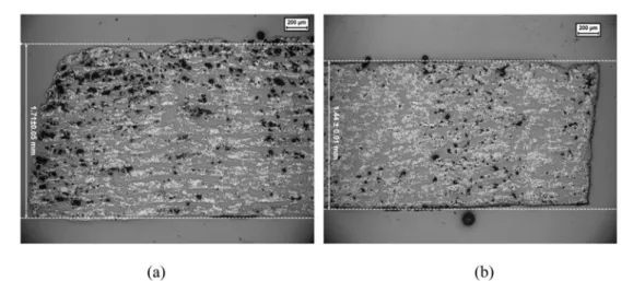 Figure 26 : Microscopic view of cross-section of 3D printed CF/PA6 composites without (a)  and with (b) compression molding  [107]