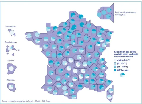Figure 44 : Carte de la dureté des eaux mises en distribution : répartition des débits par département en 2006 (sante.gouv.fr)
