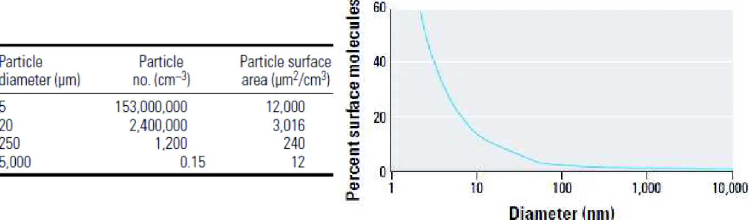 Figure 2: Increase reactive surface as a function of particle diameter, specific cases of  atmospheric NPs (adapted from Oberdorster et al., 2005)  16 