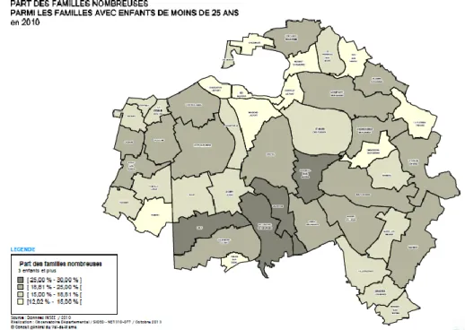 Figure 5 : part des familles nombreuses parmi les familles avec enfants de moins de 25 ans en  2010 (Source : Observatoire Départemental) 