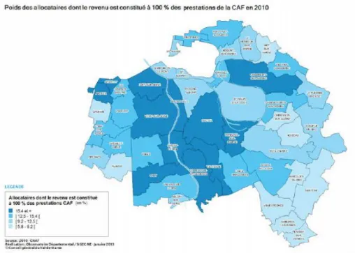 Figure 6 : Poids des allocataires dont le revenu est constitué à 100% des prestations de la CAF  en 2010 (Source : Observatoire Départemental) 