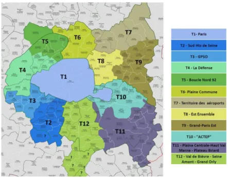 Figure 8 : Les 12 territoires de la Métropole du Grand Paris (Source : la Gazette des  communes)  