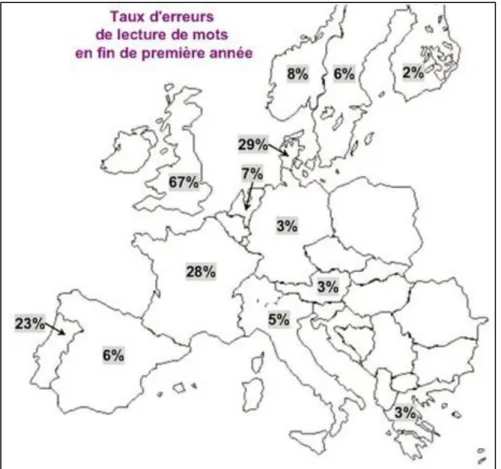 Figure 1.9 Représentation géographique des résultats de l'étude  de Seymour et al. (2003), extraite du livre de Dehaene (2007)