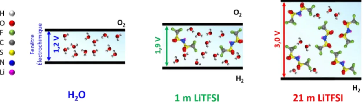 Figure  5  :  Illustration  de  l’extension  de  la  stabilité  électrochimique  de  l’eau  lorsque  la  molalité  en  LiTFSI  augmente
