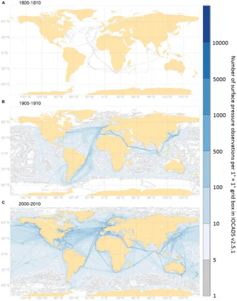 FIGURE  1-9:  Data  counts  per  1°  ×  1°  latitude,  longitude  of  surface  pressure  observations  by  ships  in  the  International  Comprehensive  Ocean-Atmosphere  Data  Set,  used  by  the  National  Oceanic  and  Atmospheric  Administration  and  