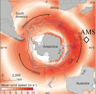 Figure 2. Southern Westerly Winds (SWW) and wind speeds. White diamond is the location  of Amsterdam Island (AMS), which is the main study site of this PhD