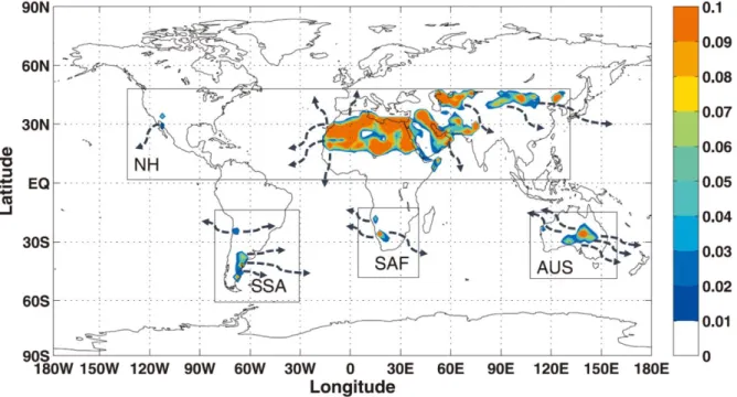 Figure 4. Global distribution of averaged annual dust emission from 1979 to 1998 (kg m -