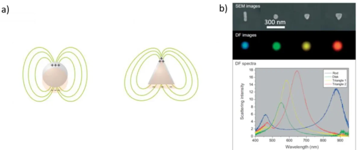 Figure  I.4:  Schematic  diagram  of  LSPR  of  nanoparticles  with  two  different  shapes  of  a)  sphere  and  triangle  nanoparticles, with their corresponding charges distribution