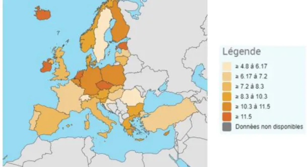 Figure  1  :  Carte  représentant  la  production  de  CO 2   par  habitant  en  tonne  par  an  en  Europe
