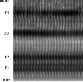 Figure  5.  Spectrogramme  de  la  voyelle  /a/  comme  dans  «  doctorat ». La  fréquence  est  représentée  verticalement  et  le  temps  horizontalement