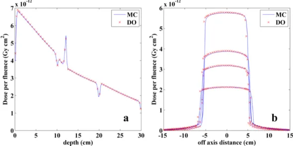 Figure 1.13: Monte Carlo and discrete ordinates formalism comparison. On the left: depth dose along the central axis