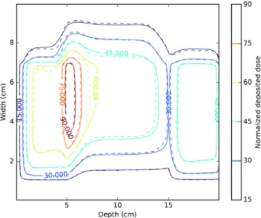 Figure 1.15: Comparison of dose distributions calculated with the Monte Carlo code FLUKA (dashed line) and the angular moments method M 1 (plain line)