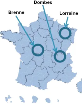 Figure 0.3 Localisations de la Brenne, Dombes et Lorraine sur le France 