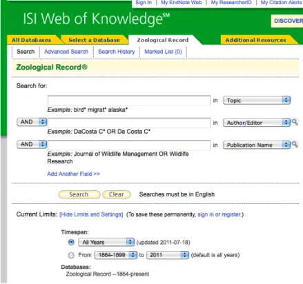 Figure 3.1 – Interface de recherche du Zoological Record dans le portail Web of Knowledge de Thomson Reuters [v.4]