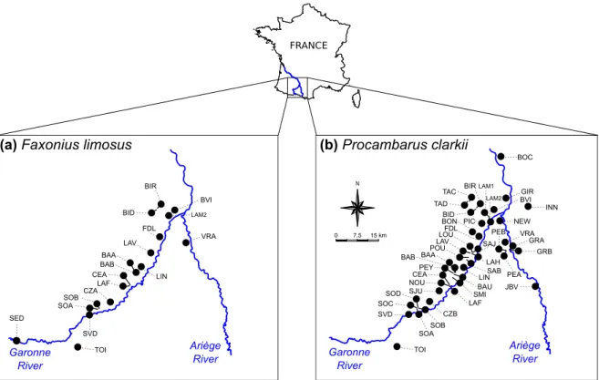 Figure III.1 Study area with the location (black dots) of all studied lakes for (a) Faxonius limosus and  (b) Procambarus clarkii