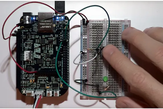 Figure 1.6: A Bela electronic board in a basic setup (from the Bela Platform Youtube channel) - -In the 2010’s customisable electronic boards became more and more popular making musicians able to build their instrument from the ground up.