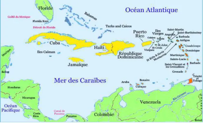 Fig. 1.16: Carte localisant les A Grandes Antilles et en orange, A partir des années 60, des inv faunistiques  et  écologiques biogéographiques compilées à campagnes océanographiques.