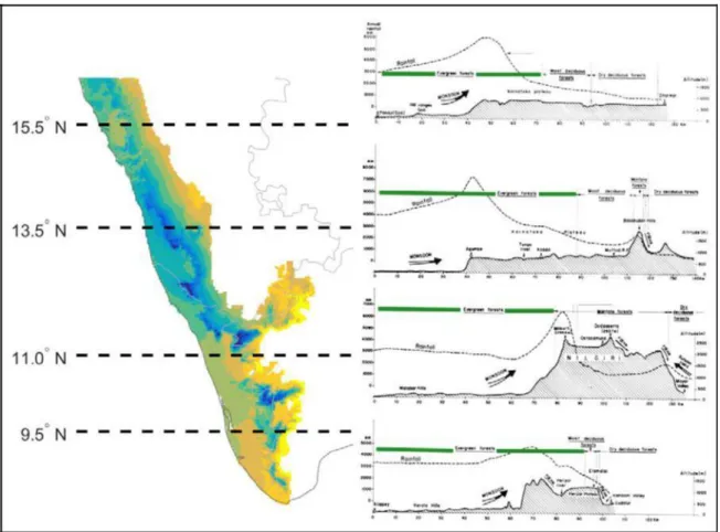 Figure 1 The annual rainfall gradient in the Western Ghats (left) with rainfall transects for different  latitudes (right)
