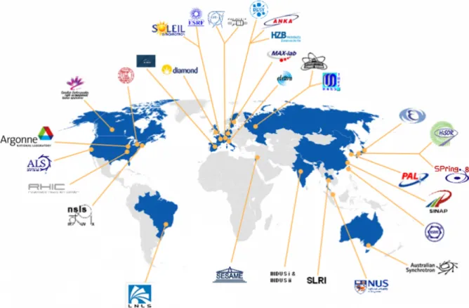 Figure 1.5: World map of Synchrotron Radiation sources in operation or under construc- construc-tion