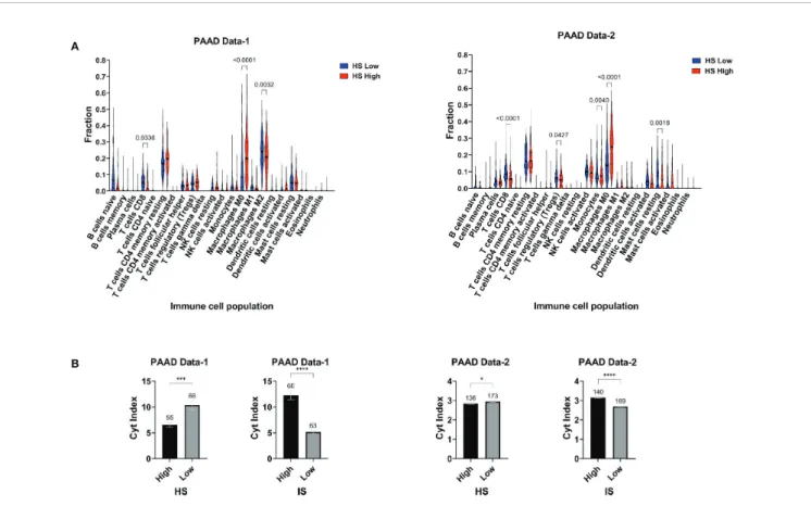 FIGURE 4 | Hypoxia-immune landscape of pancreatic cancer: (A) Violin plots of immune cell fractions determined by CIBERSORTx in hypoxia score (HS) low and high tumors