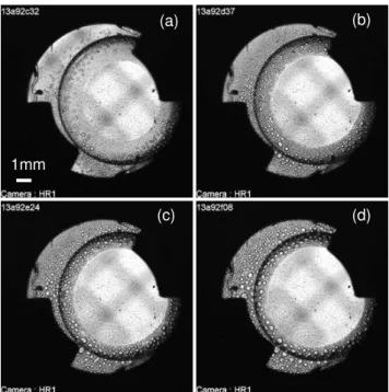 Fig. 2 Triple contact line receding observed in DECLIC (ALI/DOC). Observation is performed through the  transpar-ent metal oxide film heater, P h = 3 mW and T c − T = 20 mK