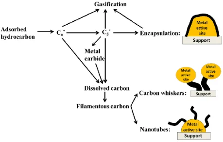 Figure I.8: Mechanisms of carbon formation, inspired from Trimm et al. [68] .  