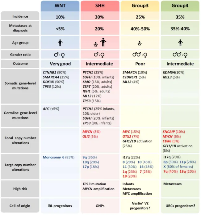 Figure X. Molecular subgroups of MB. Frequency of the indicated mutation or copy number alteration is reported between  brackets