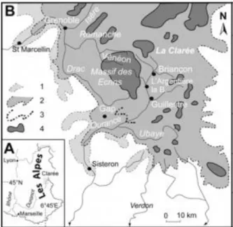 Figure 22 : L’englacement durancien au Pléistocène supérieur (d’après Cossart et al., 2011)  A :  Carton  de  localisation