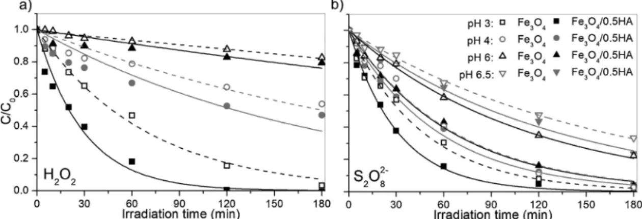 Fig. 2. Free Fe(II) and Fe(III) ions released in solution at pH 3, 4 and 6 by Fe 3 O 4 /0.5HA (100 mg/L) in the dark and under irradiation.