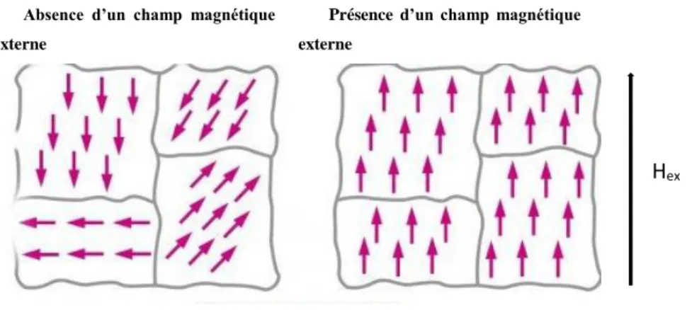 Figure 1.2 Arrangement aléatoire (A gauche) et ordonné (A droite) respectivement en absence et en présence d’un  champ magnétique externe d’une substance ferromagnétique.