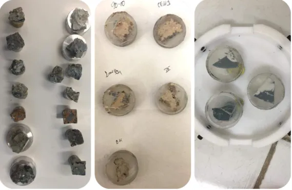 Figure 2.20 – Examples of samples used for microstructural observations. From left to right: (i) concrete fracture sections, (ii)  soil treated samples mounted in resin, and (iii) Mo-spiked binders mounted in resin