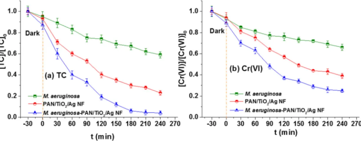 Figure 4. The simultaneous (a) degradation of tetracycline hydrochloride (TC) and (b) reduction of  Cr(VI) under visible light irradiation in various system
