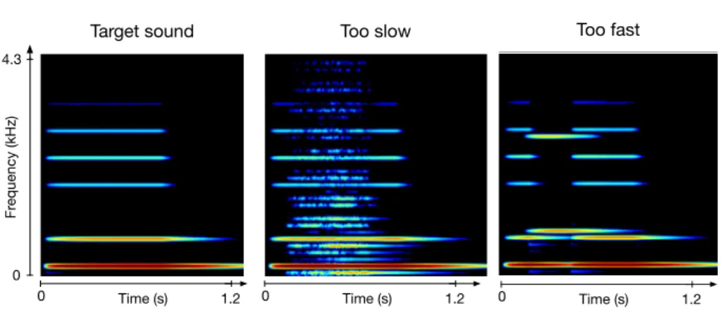 Fig. 5. Sonograms of the three example sounds; left: target sound produced if the movement matches exactly the target velocity profile i.e