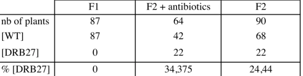 Table I.A: Segregation of the DRB27 phenotype. F1, F2 and 