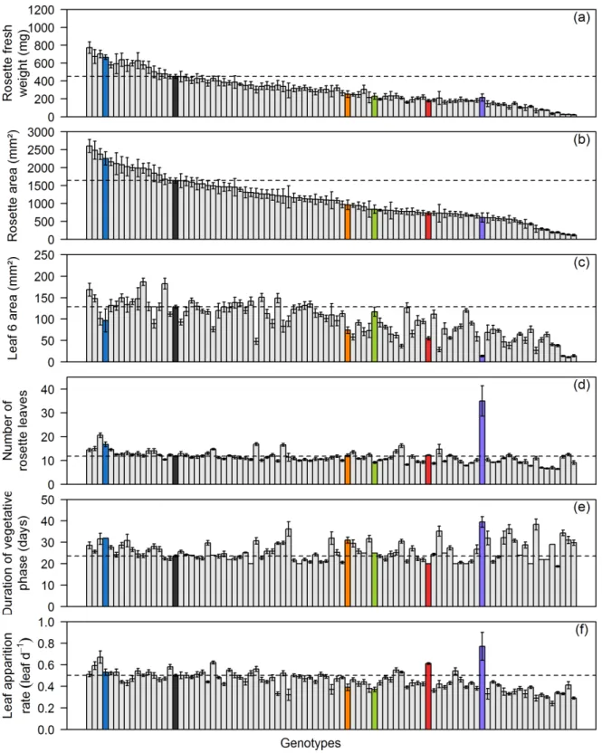 Figure  II-3.  Fresh  weight  of  the  rosette  (mg;  (a)),  dissected  rosette  area  (mm²;  (b)),  leaf  6  area  (mm²; (c)), number of rosette leaves (d), duration of vegetative phase (days after sowing; (e)) and  mean  leaf  apparition  rate  (leaf  da