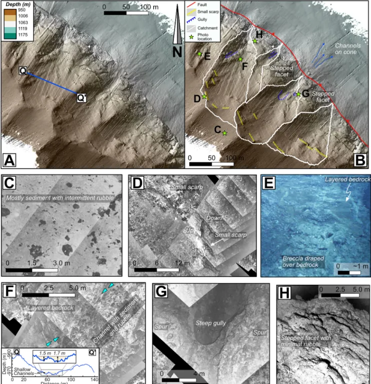 Figure 6.  Erosional features throughout the footwall of the Roseau fault scarp. (a) Uninterpreted shaded relief map derived from the 50  and 10 cm/pixel  digital terrain models