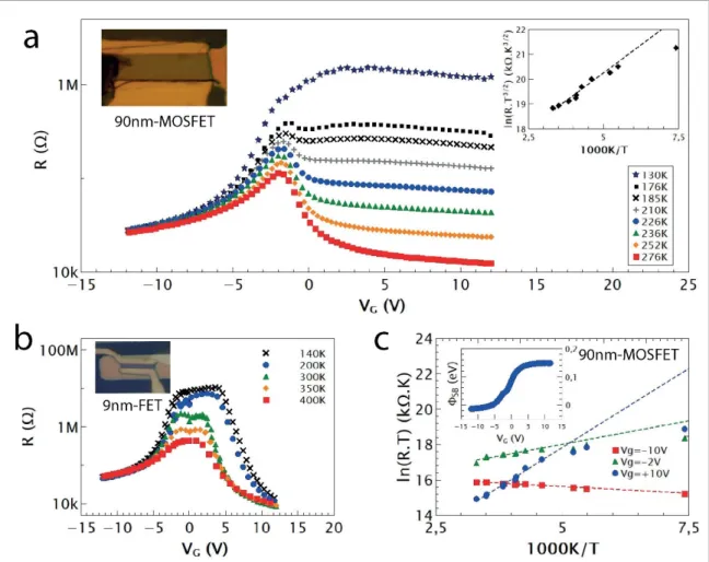 Figure 1. Metal-hBN-PdSe 2 FETs. Optical image of S43 PdSe 2 -MOSFET ((a) left inset with L × W = 10 × 25.5 µm,