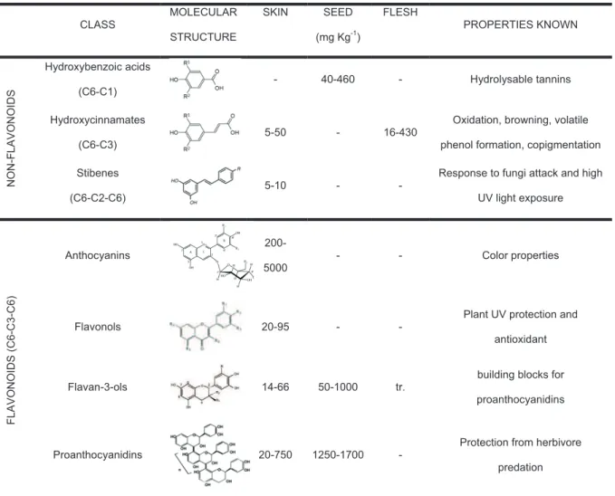 Table 3.  Classes, molecular structure and concentration of major PC in wine grape  tissues