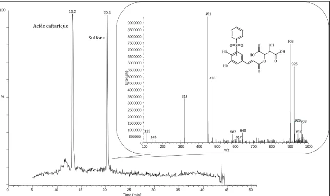 Figure  26.  Chromatogramme  (TIC)  et  spectre  de  masse  en  mode  Full  Scan  du  milieu  réactionnel de l’hémisynthèse des sulfones de l’acide caftarique (20,3 min) 