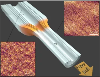 FIG. 1. Sketch of the drawing of hollow core photonic band- band-gap fibers. The two AFM images represent the surface  topog-raphy (with the same height range of 1.6 nm) of the inner glass surfaces before (preform) and after (fiber) the hot drawing region 