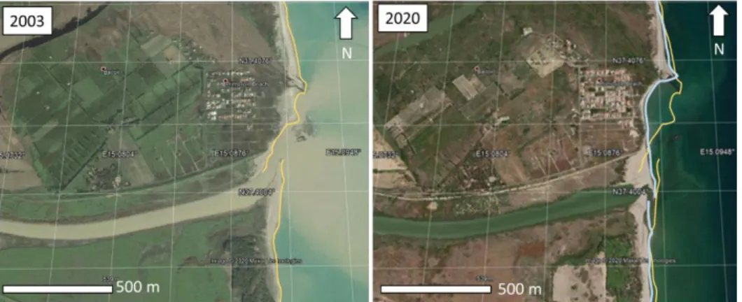 Figure 7. Retreat of the Simeto river mouth on the Catania coastal plain. The shoreline at 2003  epoch is marked in light orange (left) while the shoreline for 2020 epoch is marked in light blue  (right)