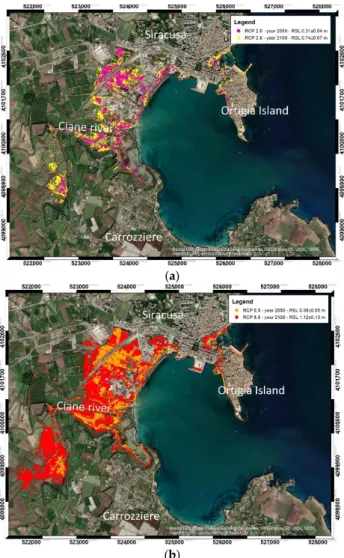 Figure 11. The bay of Augusta. In colors are reported the expected extension of land flooding in 2050 and 2100 for (a) RCP 2.6 and (b) RCP 8.5 climatic scenarios for a mean land subsidence at 3.4 ± 2.5 mm/year